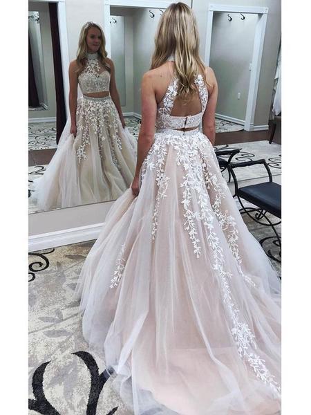 Lace Appliqued Two Piece  Long Cheap Halter Ball Gowns Prom Dresses, QB0258