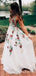 Deep V Neck White Embroidery Long Cheap  Evening Prom Dresses, QB0411