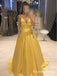 A-line Yellow Satin Spaghetti Strap Sleeveless Long Cheap Charming Prom Dresses With Pocket Beads, PDS0002