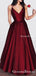 A-line V-neck Spaghetti Strap Burgundy Prom Dresses Long Formal Evening Ball Gowns, QB0338