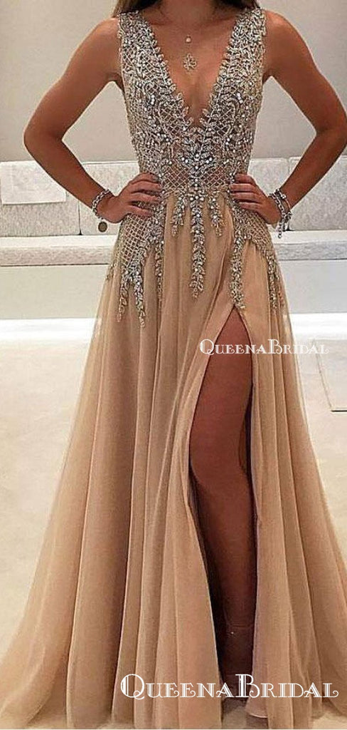 A-line V-neck Evening Dress with Slit Sexy Shiny Rhinestone Long Prom Dresses, QB0335