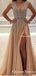 A-line V-neck Evening Dress with Slit Sexy Shiny Rhinestone Long Prom Dresses, QB0335