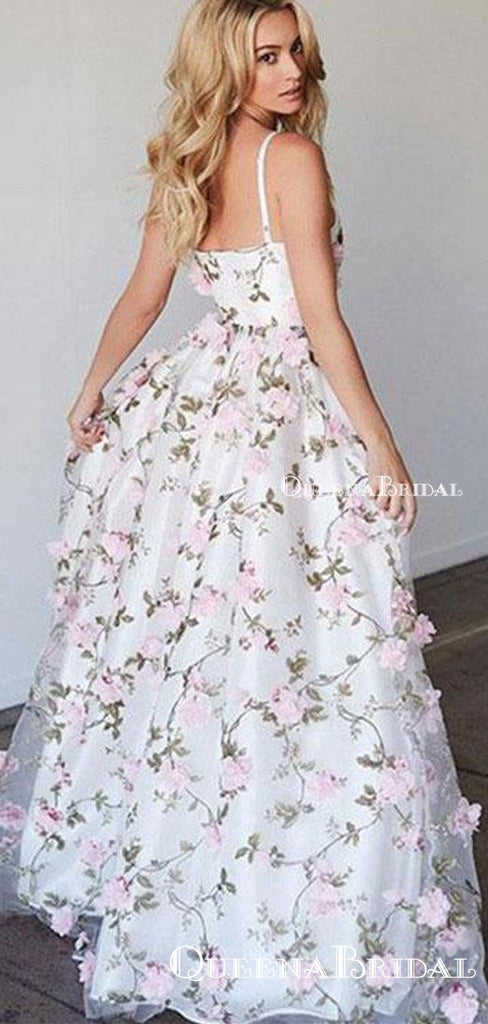 A-line Princess V-neck Floral Prom Dresses Long 3D Appliqued Lace Formal Dresses, QB0274