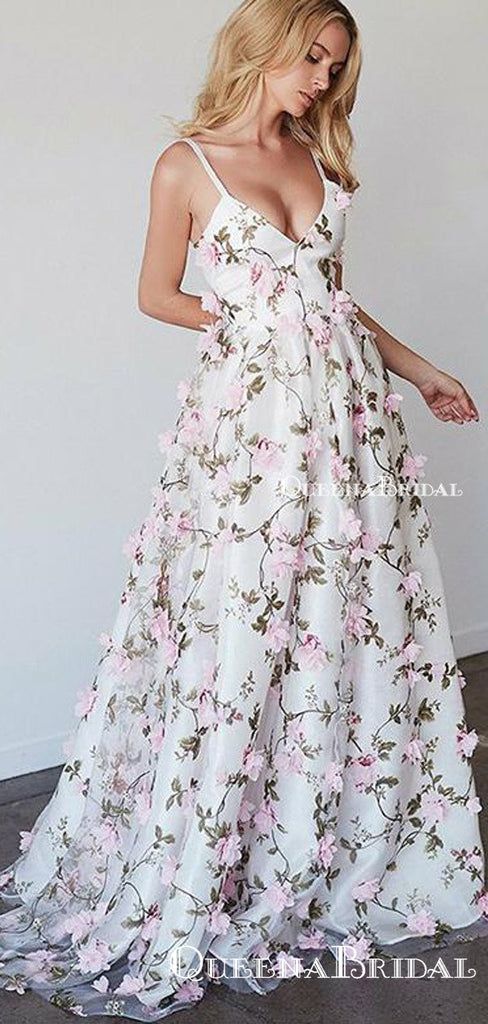 A-line Princess V-neck Floral Prom Dresses Long 3D Appliqued Lace Formal Dresses, QB0274