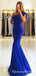 Mermaid One Shoulder Floor-Length Royal Blue Satin Prom Dresses with Ruffles, QB0254