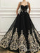 Gogerous Spaghetti Strap Black Tulle Gold Lace Applique A-line Long Cheap Formal Evening Prom Dresses, QB0967