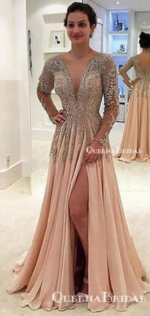 Sexy V-Neck Long Sleeve Light Chiffon Prom Dresses with Appliques Beading, QB0232