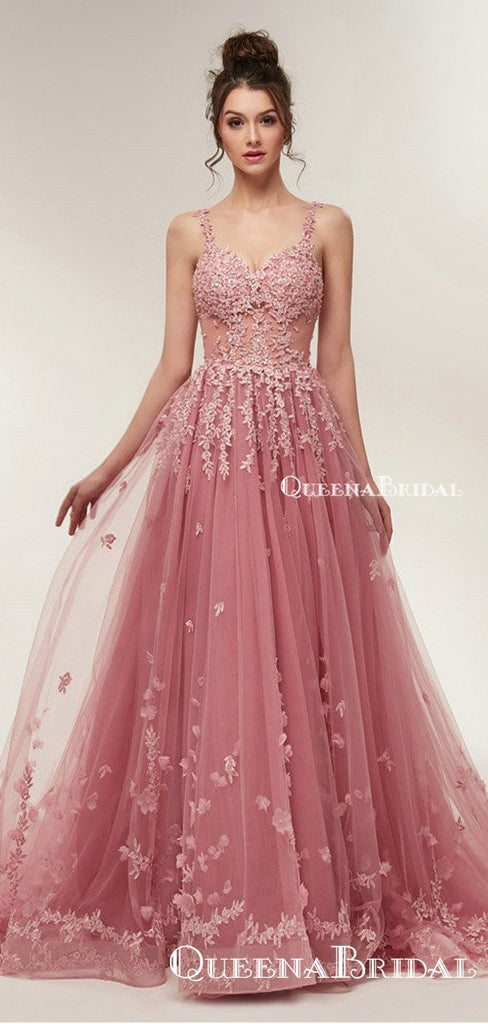 See Through Dusty Pink Lace A-line Long Evening Prom Dresses, QB0377