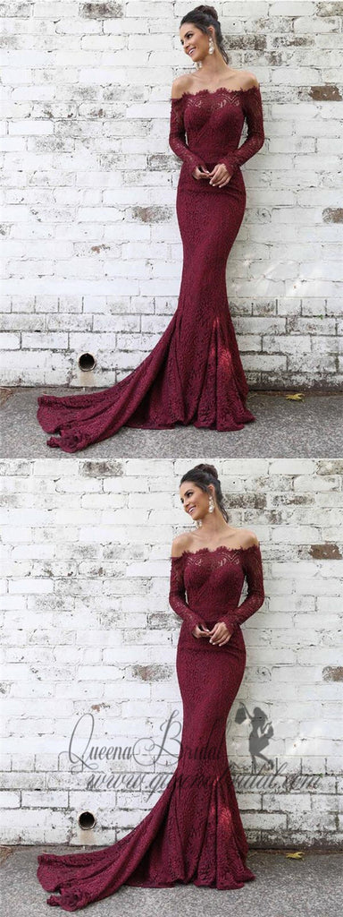 Charming Off Shoulder Long Sleeves Lace Mermaid Long Evening Prom Dresses, QB0369