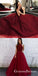 A-Line Halter Long Backless Burgundy Tulle Prom Dresses with Beading, QB0548