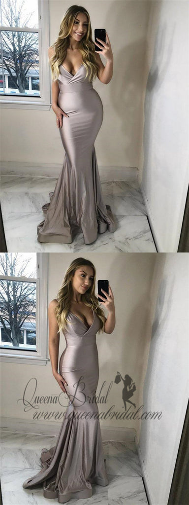 Silver Grey Sexy Mermaid Formal Dresses Spaghetti Strap V Neck Prom Dresses, QB0314