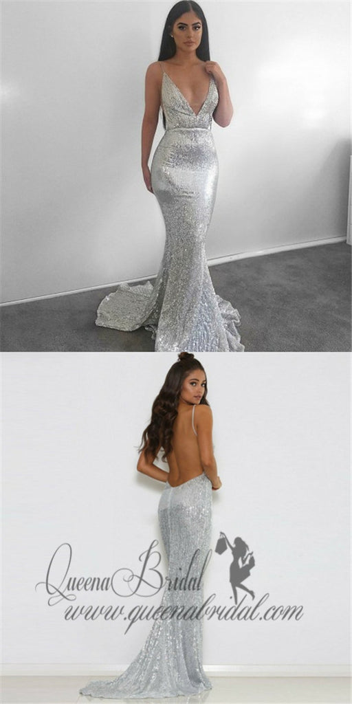 Mermaid Deep V-Neck Backless Sweep Train Silver Sequined Prom Dresses, TYP0240