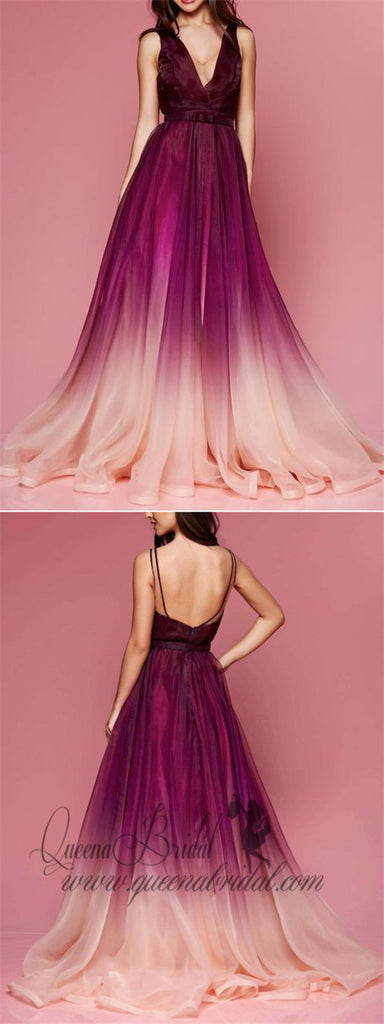 Maroon Ombre Prom Dresses V Neck Cheap Long Formal Dresses for Women, QB0316