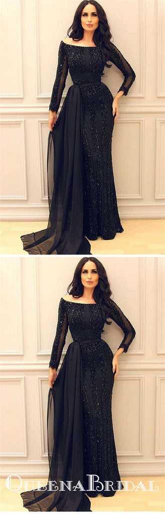 Sexy Black Long Sleeve 2019 Mermaid Sequins Long Cheap Prom Dresses, QB0798