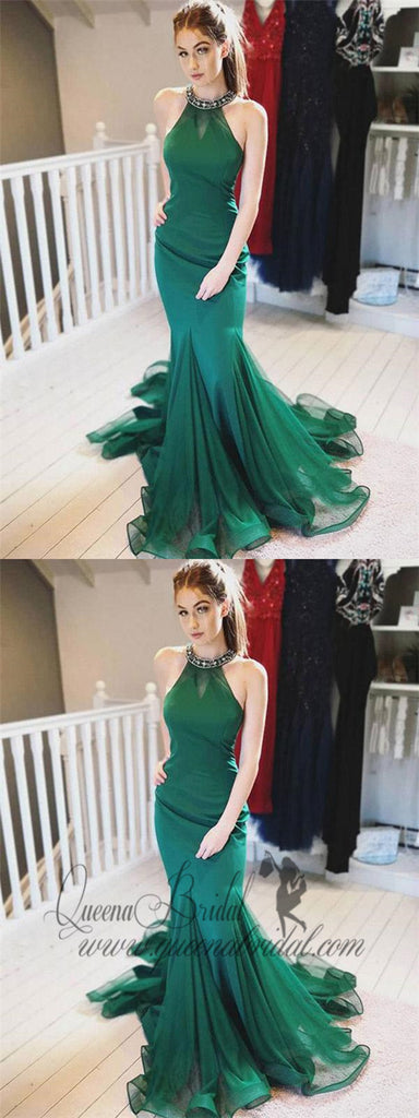 Halter Beaded Emerald Green Mermaid Long Evening Prom Dresses, QB0422