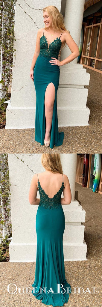 Spaghetti Strap Mermaid V-Back Long Teal Cheap Prom Dresses with Slit, QB0767