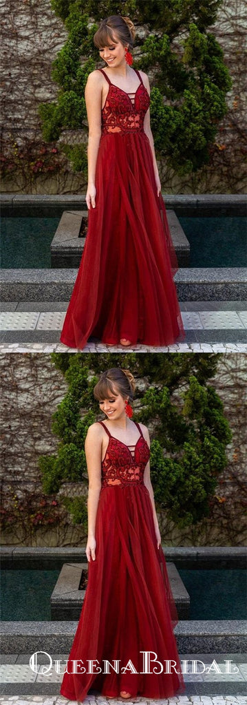 Stunning A-Line V Neck Open Back Burgundy Tulle Long Prom Dresses with Lace, QB0569