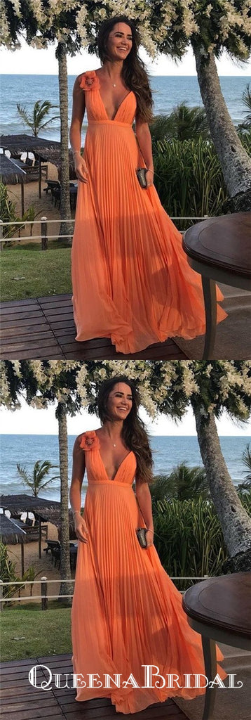 Gorgeous A Line V Neck Chiffon Orange Pleats Long Prom Dresses with Flower, QB0769