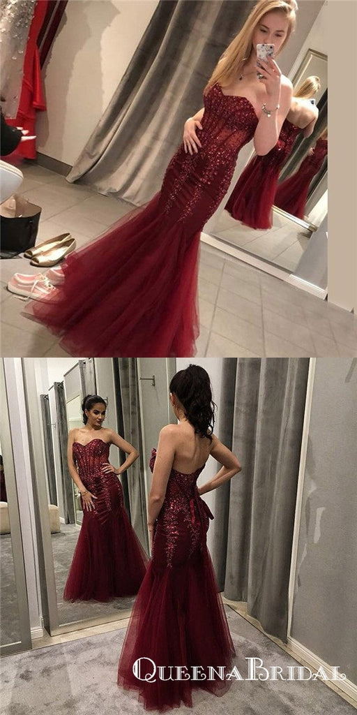 Charming Mermaid Sweetheart Long Burgundy Prom Dresses with Appliques, QB0527