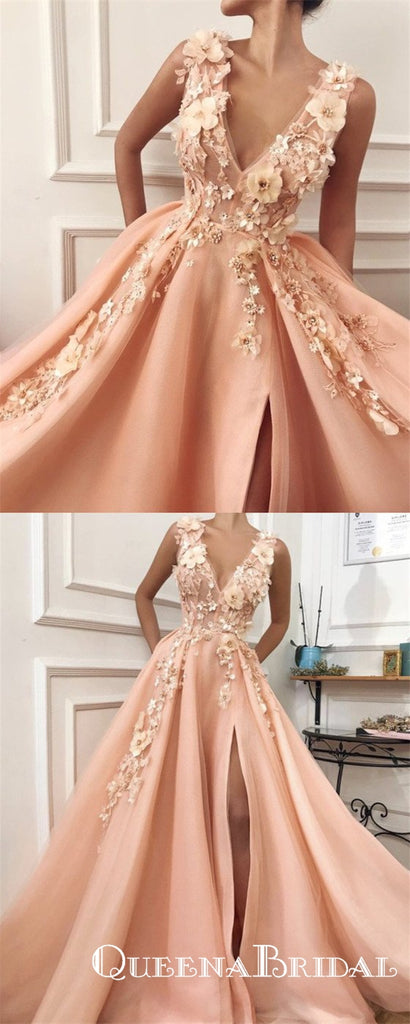 Unique A-Line V Neck Orange Satin Long with Floral Appliques Prom Dresses, QB0561