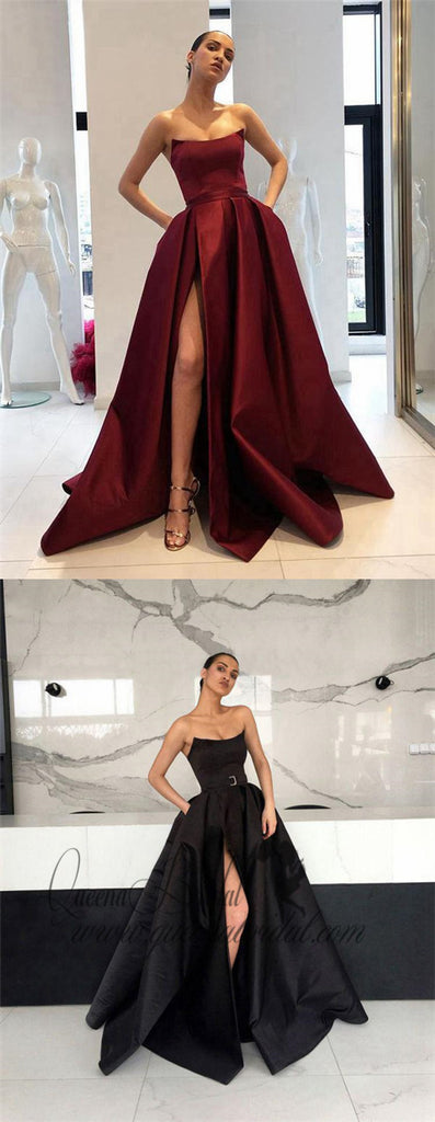 Simple Side Slit Cheap Maroon A-line Long Evening Prom Dresses, QB0423