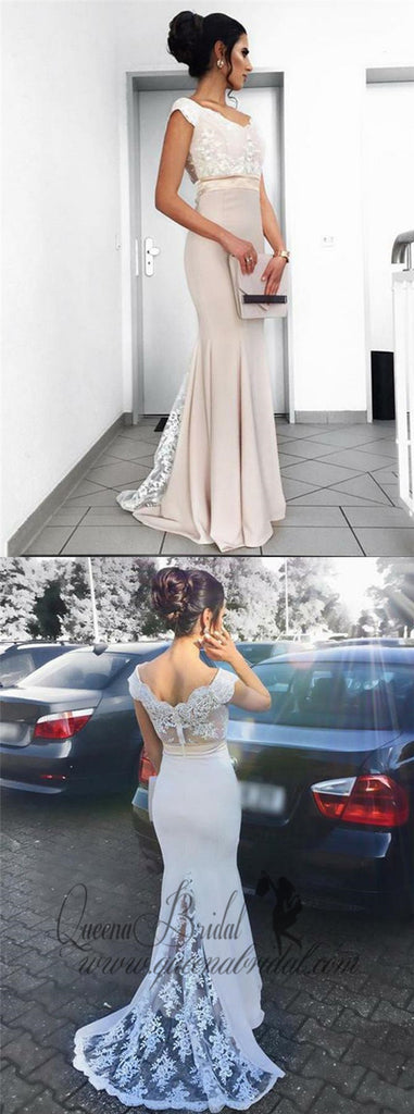 Dusty Champagne Mermaid Cap Sleeves Long Evening Prom Dresses, QB0427