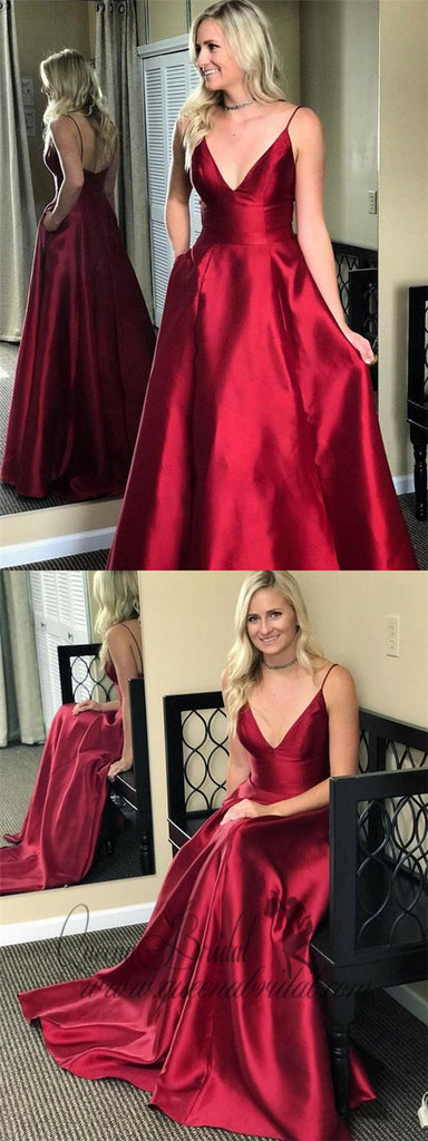 Spaghetti Strap Burgundy Prom Dresses with Pocket V-neck Evening Ball Gowns, QB0288