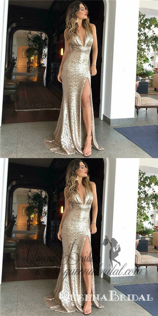 Mermaid Deep V-Neck Long Champagne Sequined Split Prom Dresses, QB0491