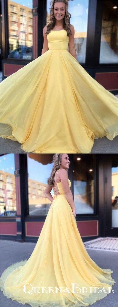 Charming Simple Yellow Long Cheap Spaghetti Straps Prom Dresses, QB0637