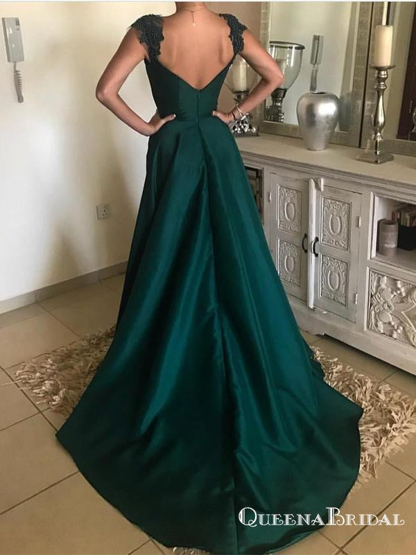 2021 Cap Sleeve Sleeves Emerald Green Evening Prom Dresses, QB0446