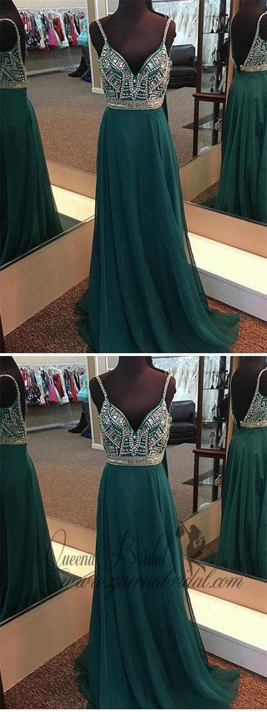 A-line V-neck Spaghetti Strap Green Chiffon Long Beaded Prom Dresses, QB0311