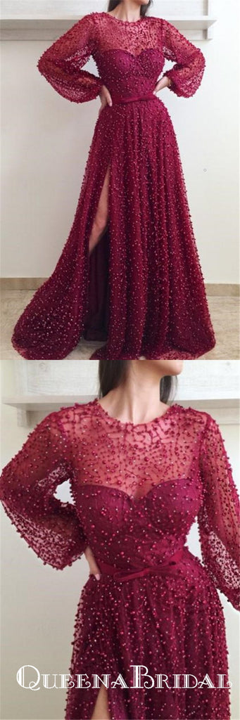 Burgundy Round Neck Heavy Beaded Long Tulle Prom Dresses, QB0558