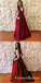 A-Line V-Neck Long Burgundy Satin Prom Dresses with Beading Pockets, QB0550