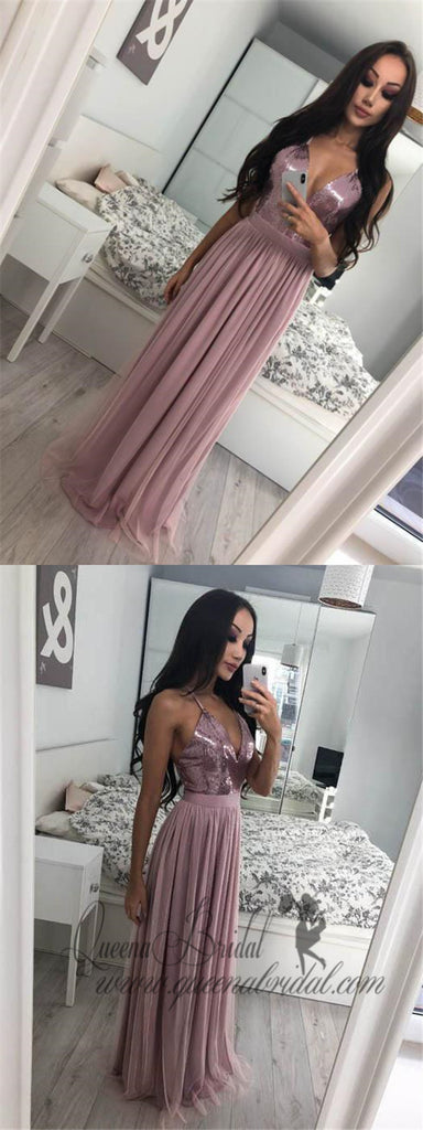 Charming Custom Halter Side Slit Grey Sequin Tulle Long Evening Prom Dresses, QB0370