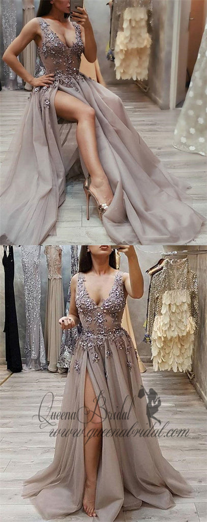 Sexy V-Neck See Through Grey Side Slit Lace Long Evening Prom Dresses, QB0400