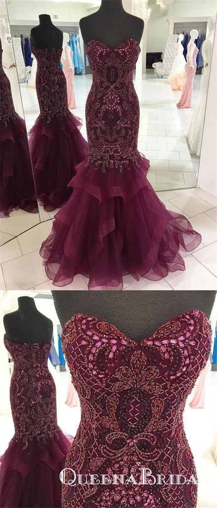 Purple Sweetheart Sleeveless Long Mermaid Prom Dresses With Beaded, QB0758