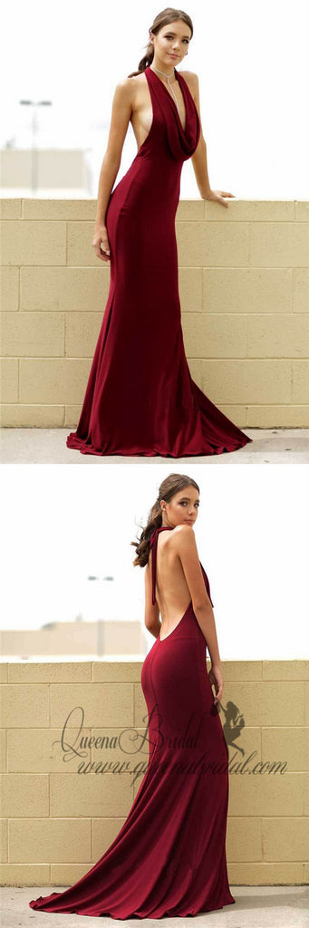 2019 Burgundy Mermaid Halter Backless Sexy Evening Prom Dresses, QB0443