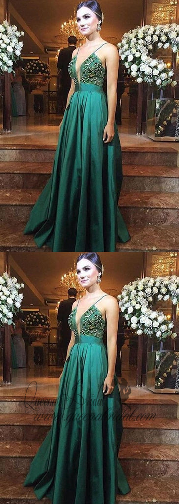 Charming Spaghetti Straps V-neck Green Beaded Formal Long Prom Dresses, QB0478