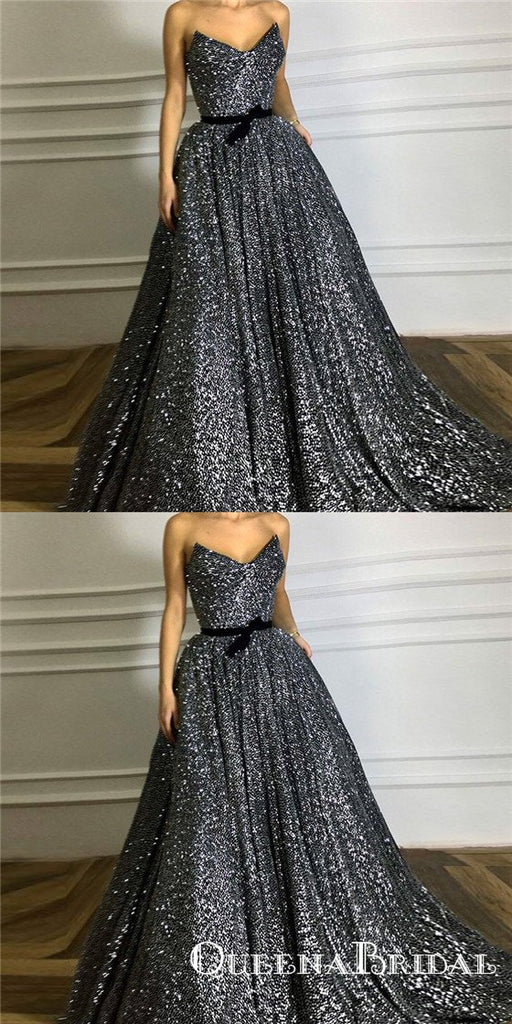 2019 Sparkly A-Line Sweetheart Long Black Sequined Prom Dresses, QB0519