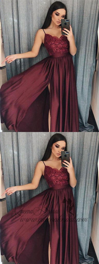 Maroon Spaghetti Straps Side Slit Long Evening Prom Dresses, QB0415