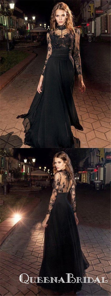 A Line Black Prom Dress Modest Beautiful Cheap Lace Long Prom Dresses, QB0788