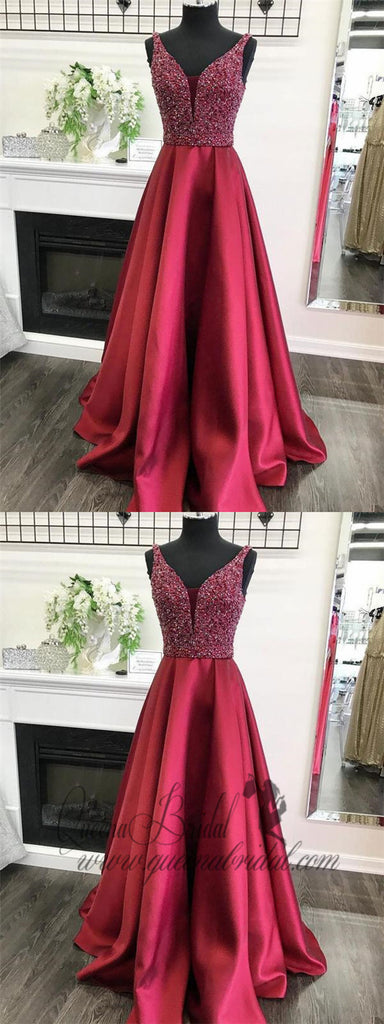 A-line V-neck Beaded Bodice Burgundy Satin Long Prom Dresses, QB0349