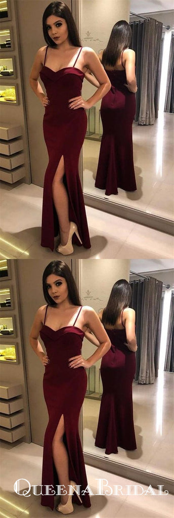 Burgundy Spaghetti Strap Side Slit Mermaid Evening Dresses Prom Dresses, QB0717