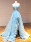 Unique Design Strapless Sleeveless Sky Blue Organza Side Slit A-line Long Cheap Formal Prom Dresses, PDS0036