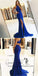 Mermaid Round Neck Split Front Royal Blue Jersey Prom Dresses Online, QB0237