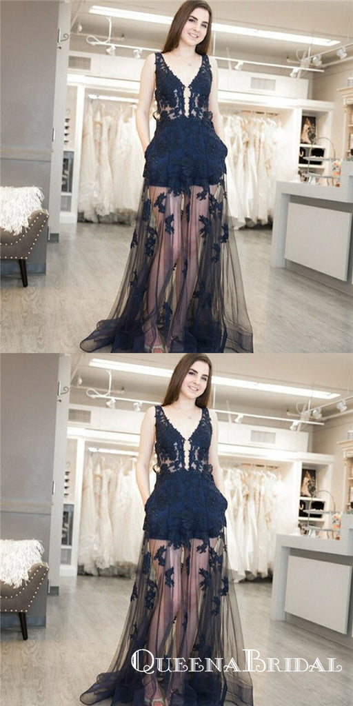 Sheath V-Neck Navy Blue Long Prom Dresses with Appliques&Pockets, QB0510