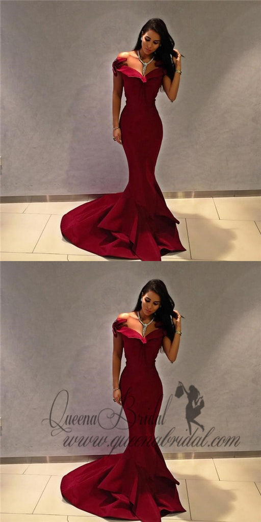 Simple Off Shoulder Simple Maroon Long Evening Prom Dresses, QB0454