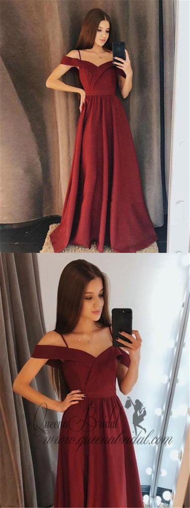 Burgundy Side Slit Spaghetti Straps Simple Long Evening Prom Dresses, QB0417