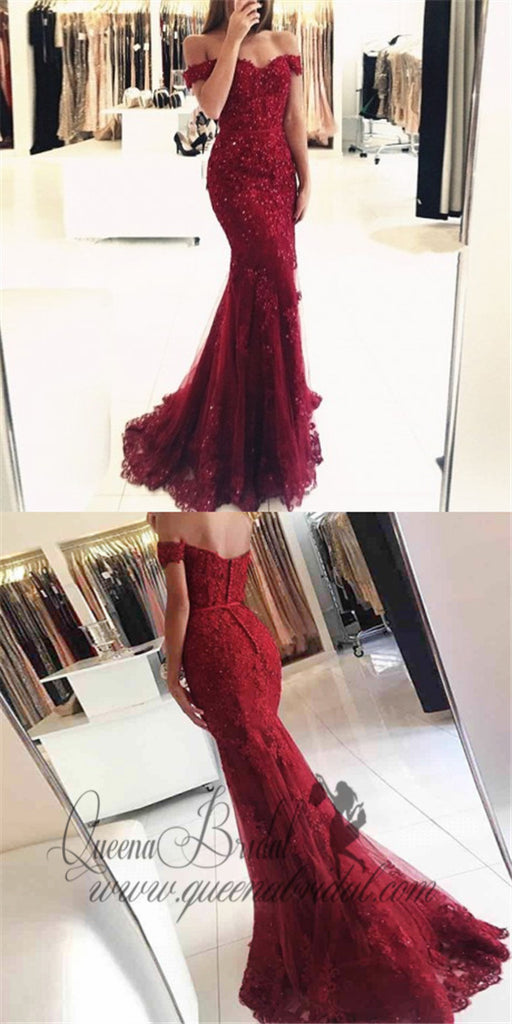 Mermaid Off the Shoulder Burgundy Tulle Prom Dresses with Appliques Beading, QB0231