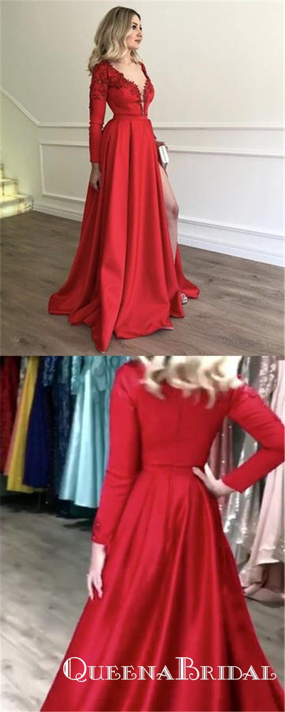 Stylish Embroidery Beaded Long Sleeves Satin Evening Prom Dresses, QB0781